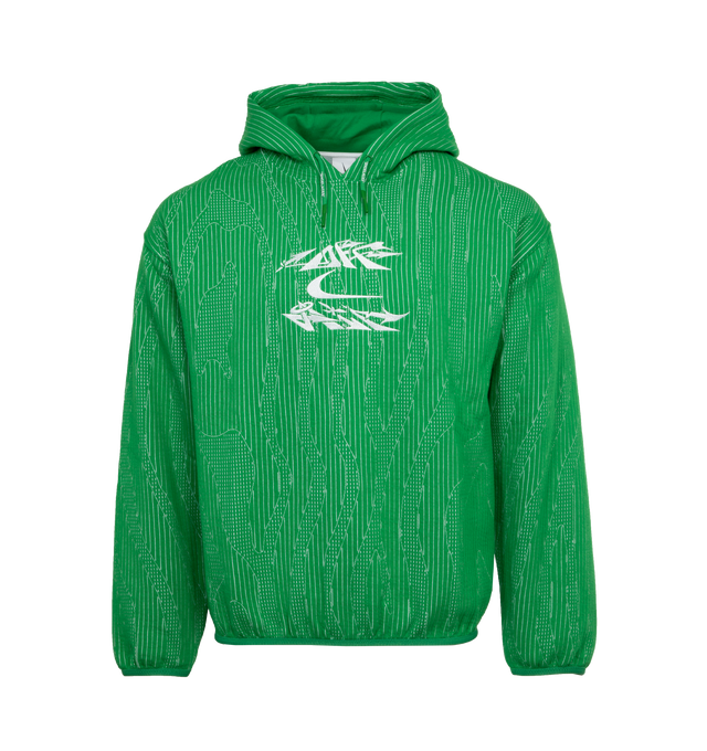 Image 1 of 4 - GREEN - NIKE X OFF-WHITE ENGINEERED HOODIE features a heavyweight jacquard-knit that is breathable and warm with bungee adjusters on the hood and bold co-branded graphics that elevate the finish on the front.  