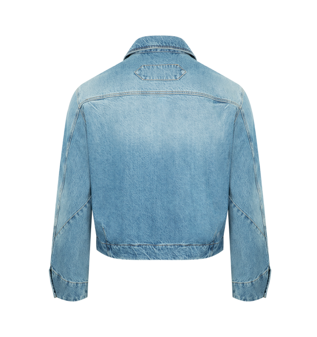 Image 2 of 3 - BLUE - JACQUEMUS Mirada de-Nmes Denim Jacket featuring short denim jacket, straight fit, faded indigo denim, pointed collar, engraved metal buttons, buttoned cuff, two welt pockets, silver metal hardware and contrasting stitching. 100% cotton. Lining : 65% polyester, 35% cotton. Made in Italy.