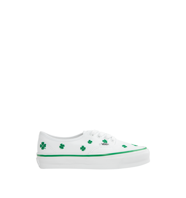 Image 1 of 5 - WHITE - VANS Authentic 44 Embroidery Sneakers featuring canvas upper, Four-Leaf Clover embroidery, woven flag label, high foxing tape and waffle outsole.