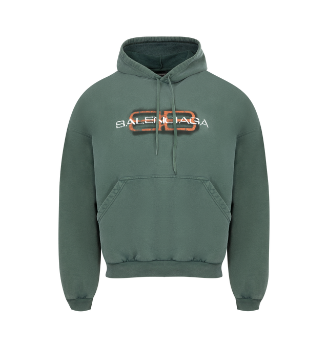 Image 1 of 2 - GREEN - BALENCIAGA BB Icon Stencil Hoodie Large Fit featuring dry fleece, hood with drawstring, dropped shoulders, 1 kangaroo pocket on front, gathered at cuffs and waistline and BB icon stencil artwork printed at front. 100% cotton. Made in Portugal.