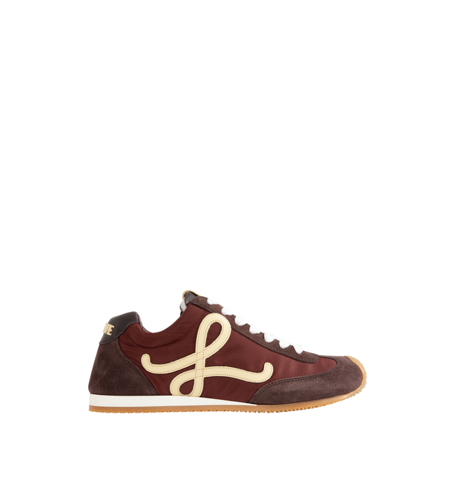 Image 1 of 5 - BROWN - LOEWE Ballet Runner 2.0 Sneaker in nylon and calfskin featuring an asymmetrical toe shape, a sock-like internal structure, L monogram at the side, embossed Anagram on the tongue and a lightweight rubber outsole that extends to the toe cap. 20mm heel. Nylon/suede. Made in Italy.