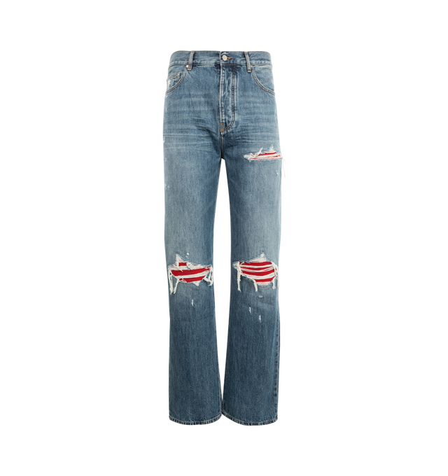 Image 1 of 3 - BLUE - AMIRI Suede Straight MX1 Jeans featuring belt loops, five-pocket styling, button fly, faux-suede underlay at rips, logo patch at back waistband and relaxed fit. 98% cotton, 2% elastane. Made in United States.
