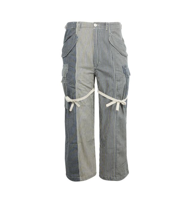 Image 1 of 4 - BLUE - R13 Cropped Cargo Pant featuring drawstring cuffs, button closure and zip fly, stripes throughout and cargo pockets. 100% cotton.