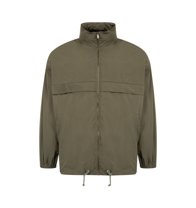 Image 1 of 4 - GREEN - SAINT LAURENT Windbreaker Jacket featuring stand collar with stowaway hood, water-repellent, zip-up closure, storm shield, drawstring hem, logo embroidery on the chest, two zip pockets at the front, elasticized cuffs, drop shoulders and drawstring hem. 100% polyester. Made in Italy.