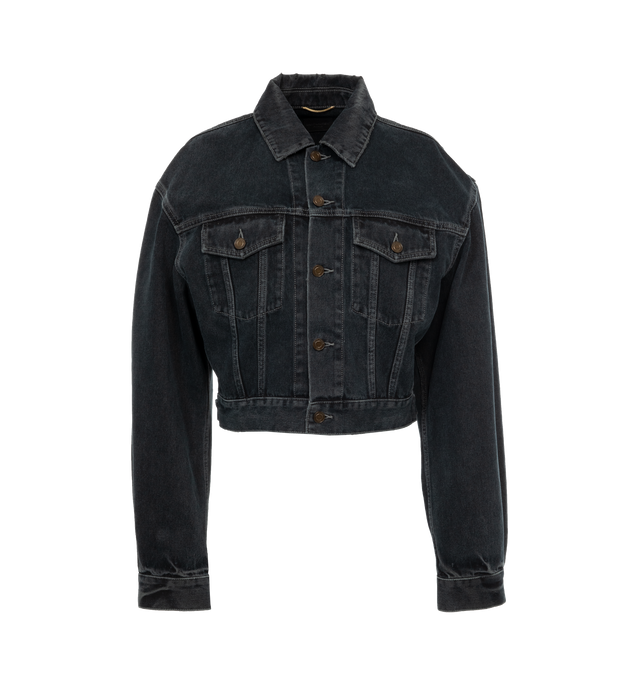 Image 1 of 3 - BLACK - SAINT LAURENT 80's Denim Jacket featuring cropped fit, pointed collar, drop shoulders, adjustable tabs, front button closure, two reverse patch pockets with button flap at chest and shoulder vents. 100% cotton. Made in Italy.  