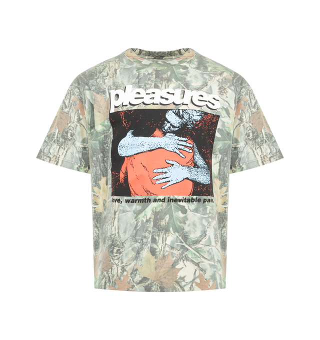 Image 1 of 2 - GREEN - PLEASURES Embrace Tee featuring short sleeves, crew neck, drop shoulders and graphic on front. 100% cotton.