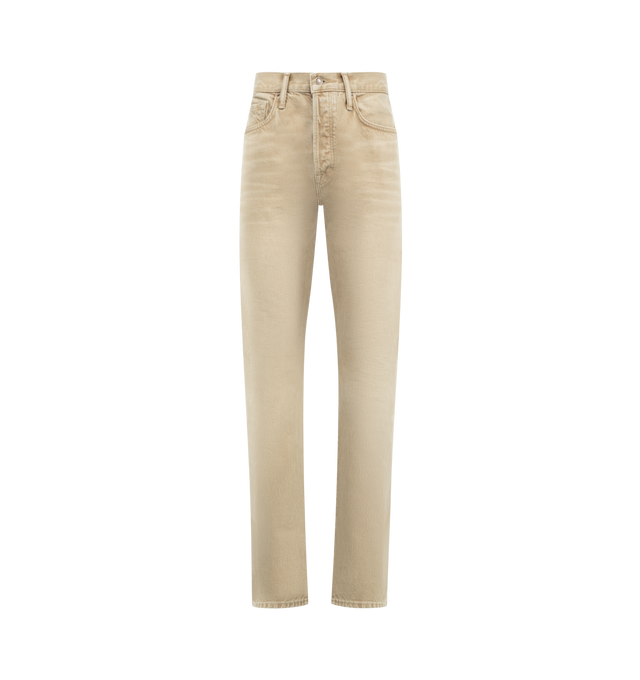 Image 1 of 3 - BROWN - TOM FORD Colored Straight Fit Denim featuring washed sand cotton, five pocket style, button zip closure and straight leg. 100% cotton. Made in the USA.