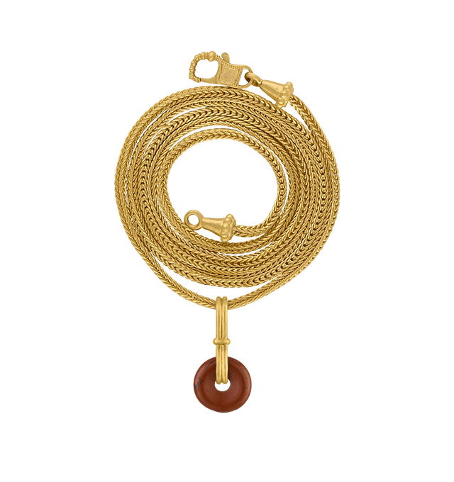Image 3 of 4 - RED - Prounis Baby Red Jasper Discus Pendant is handcrafted from 22K yellow gold and features a jasper disc suspended on a vertical double-bail design inspired by the wheel. Handmade in New York. For personal consultation and detailed information about jewelry, please contact our dedicated stylist team at personalshopping@hirshleifers.com.This item may be restricted for online purchase to international clients. For assistance purchasing this item please contact our dedicated stylist team at p