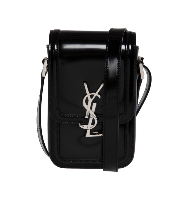 Image 1 of 3 - BLACK - SAINT LAURENT Solferino Phone Case featuring signature YSL logo plaque, foldover top, clasp fastening, adjustable shoulder strap, main compartment and silver-tone hardware. 90% calf leather, 10% metal. 