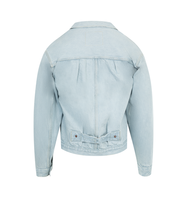 Image 2 of 2 - BLUE - KAPTAIN SUNSHINE Denim Tracker 2P Jacket featuring 13.5oz selvedge denim, boxy fitting trucker jacket, vintage look, large patch pockets, subtle accent stitching on the front and buckle detailing on the back. 100% cotton. Made in Japan.