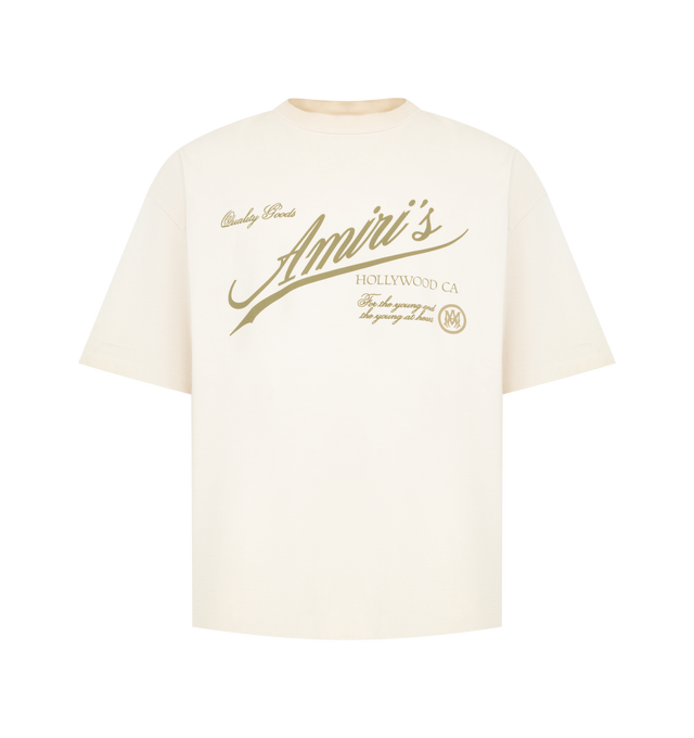 Image 1 of 2 - WHITE - AMIRI Crystal Quality Goods Skate Tee featuring crew neck, short sleeves, oversized fit and logo on front. Cotton.