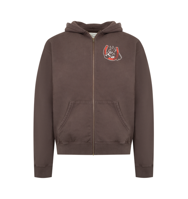 Image 1 of 2 - BROWN - ONE OF THESE DAYS Valley Riders Zip Up Hoodie featuring a relaxed fit, zip closure, fixed hood, kangaroo pocket, ribbed trims and screen-printed graphics. 100% cotton.