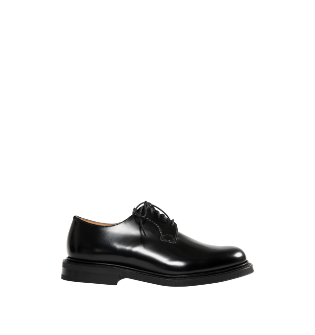 Image 1 of 4 - BLACK - CHURCH'S Shannon Polished Leather Derby Shoes featuring whole-cut leather with polished binder finish, hand stitching to eyestay, stacked heel, round toe, lace-up vamp, blind eyelets, leather laces and logo crest on the footbed and sole.