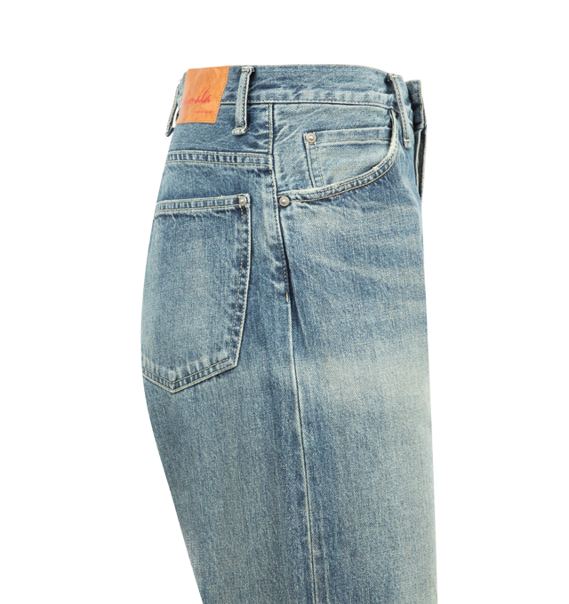 Image 4 of 4 - BLUE - CHIMALA 13.5 oz Selvedge Denim Baggy Cut Jean feauring a mid-rise jean, a straight cut down the leg, durable 13.5 oz Japanese cotton denim, paint splatters, baggy fit throughout, a secure zip and button closure and a classic five-pocket construction. 100% cotton.