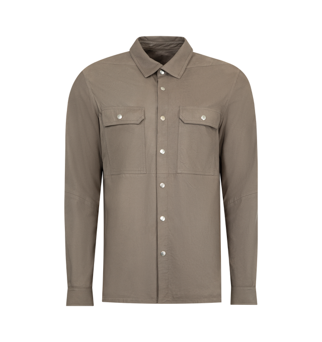 Image 1 of 2 - BROWN - RICK OWENS Outershirt featuring a structured design, boxy shape, two square chest pockets on the chest, classic collar and snap button closure. Made in Italy.