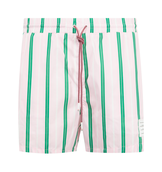 Image 1 of 3 - PINK - THOM BROWNE Repp Stripe Swim Short featuring drawstring waistband, back flap pocket, name tag applique and signature striped grosgrain loop tab. 100% polyester. Made in Italy.