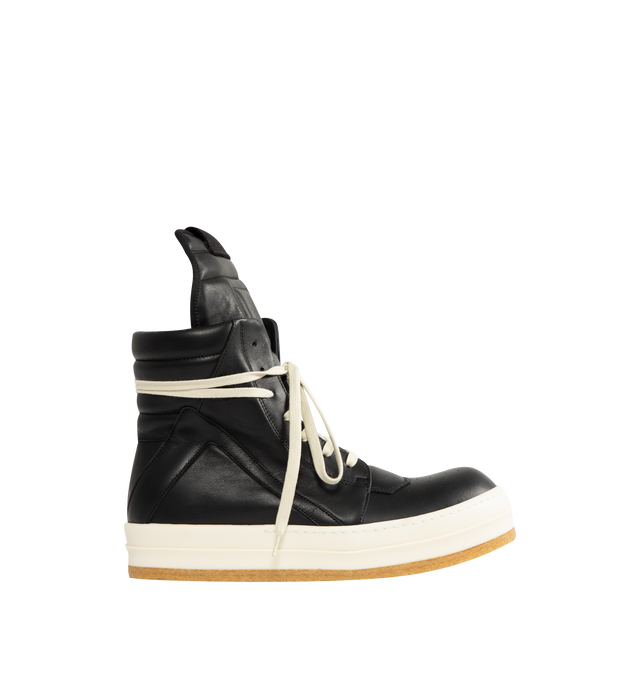 Image 1 of 4 - BLACK - Rick Owens Men's Creep Geobasket shoes crafted from full-grain cow leather. Above-ankle height featuring an extended toungue with webbing tab, signature geometric panels, a padded back counter with lines of top-stitching, zipper on the inside ankles for easy fastening, and a natural creeper 3.5cm high sole. 100% cow leather upper, 100% calf leather lining and insole, 100% thermoplastic rubber sole. Made in Italy.