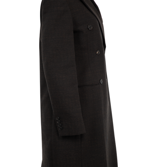Image 3 of 3 - BROWN - The Row Duras tailored double-breasted coat in textured cotton wool tailoring with notched lapel, front besom pockets, and center back vent. Featuring interior buttoned welt pocket, six horn button closure. 58% cotton, 37% wool, 4% polyamide, 1% elastane lined in 100% silk habotai. Made in Italy.