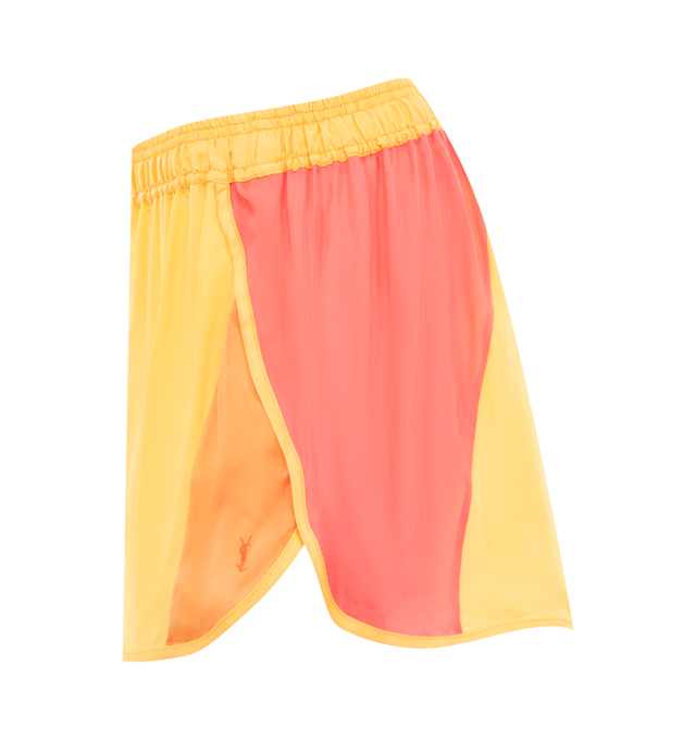 Image 3 of 3 - YELLOW - Saint Laurent color-block shorts made with certified cupro, featuring an elasticized shirred waist and split sides. 100% Cupro. Made in Italy.