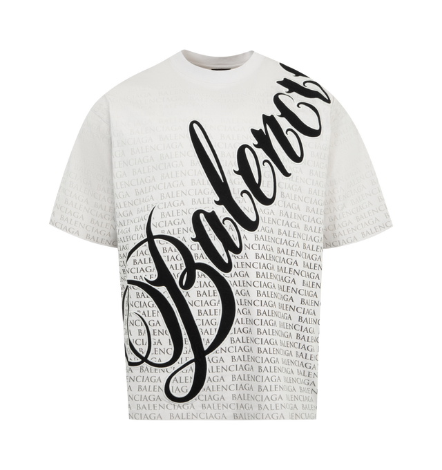 Image 1 of 2 - WHITE - BALENCIAGA Graphic T-Shirt Medium Fit featuring crewneck, short sleeves, Balenciaga graphic logo throughout and dropped shoulders. 100% cotton. Made in Portugal.