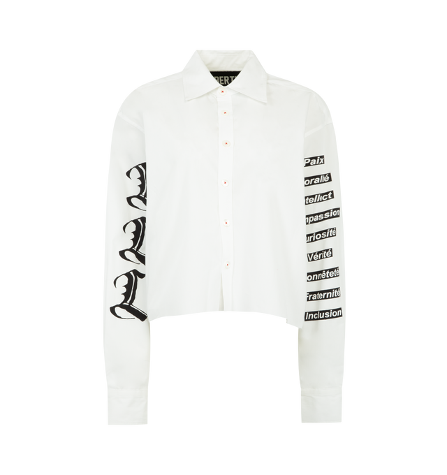 Image 1 of 2 - WHITE - LIBERTINE Paix Silk Screen Classic Shirt featuring relaxed fit, cropped hem, front button closure, buttoned cuffs and graphic on back and sleeves. 100% cotton. Made in USA.