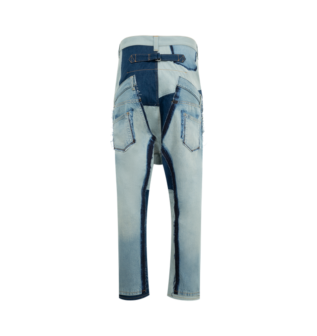 Image 2 of 3 - BLUE - JUNYA WATANABE Layered Jeans featuring belt loops, zip-fly, distressing and patchwork throughout and layered look. 100% cotton. Made in Japan.