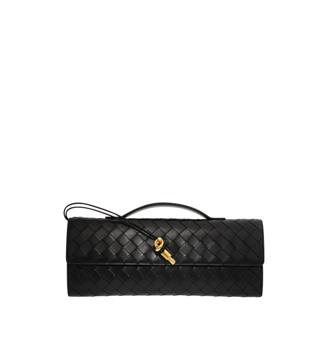 Image 1 of 3 - BLACK - BOTTEGA VENETA Andiamo Clutch featuring top handle, intrecciato leather with signature metallic knot closure, six card slots and one additional pocket. 5.1" x 12.2" x 1.2. Lambskin, calfskin. Made in Italy.