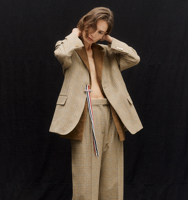 Image 3 of 5 - BROWN - THOM BROWNE Check Cheviot Tweed Trousers featuring double pleat, high-waist, tab front closure, button-fastening back welt pockets and signature striped grosgrain loop tab. 100% wool. Lining: 100% cupro. Made in Italy.