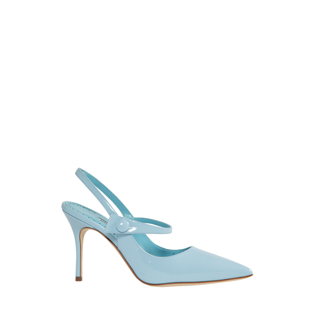Image 1 of 4 - BLUE - MANOLO BLAHNIK Didion Patent Leather Slingback Pumps featuring pointed toe, slingback, front strap with button closure and stiletto high heel. 90MM. 100% patent calf. Made in Italy. 