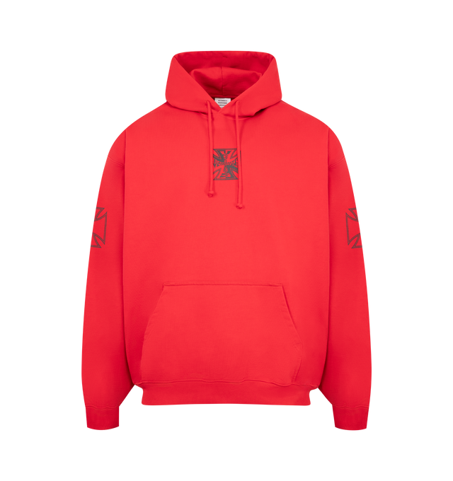 Image 1 of 3 - RED - VETEMENTS Tripple Biker Cross Logo Hoodie featuring cotton-blend French terry hoodie, embroidered logo and drawstring at hood, logo graphic printed at chest, kangaroo pocket at front, rib-knit hem and cuffs, dropped shoulders and graphic printed at sleeves. 80% cotton, 20% polyester. Made in Portugal.