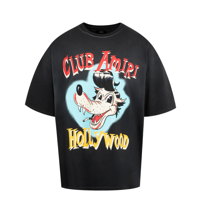 Image 1 of 2 - BLACK - AMIRI Club Amiri Oversized Wolf T-shirt featuring cotton jersey, rib-knit crewneck, short sleeves, logo and graphic printed at chest and text printed at back. 100% cotton. Made in Italy.