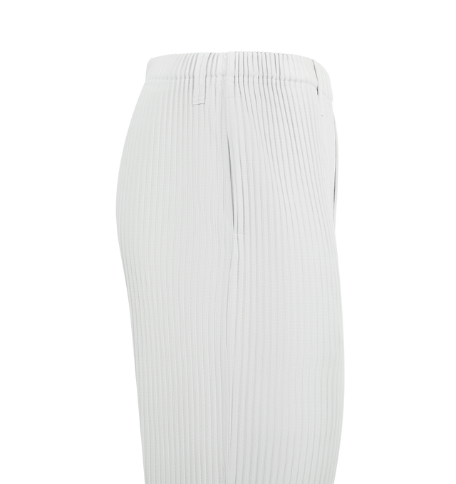 Image 3 of 3 - GREY - ISSEY MIYAKE Basics Pants featuring signature pleated style, straight fit, lightweight fabric, breathable polyester, elastic waistband and button fly. 100% polyester. Made in Philippines.
