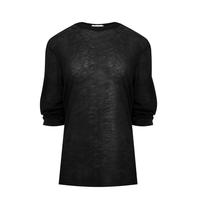 Image 1 of 2 - BLACK - THE ROW Amia T-Shirt featuring relaxed long-sleeved top in textured cotton jersey, ribbed crewneck, signature center back detail and spun from pure cotton slub yarn. 100% cotton. Made in Italy.