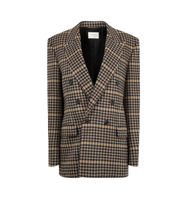 Image 1 of 2 - BROWN - SAINT LAURENT Wool Check Jacket featuring double-breasted, six-button jacket made with certified wool, peaked lapel, silk lining, two jetted pockets with flap at the front, one welt pocket at the chest, two inner jetted pockets, peaked lapel, four-button cuffs, padded shoulders and single back vent. 100% new wool. Made in Italy.