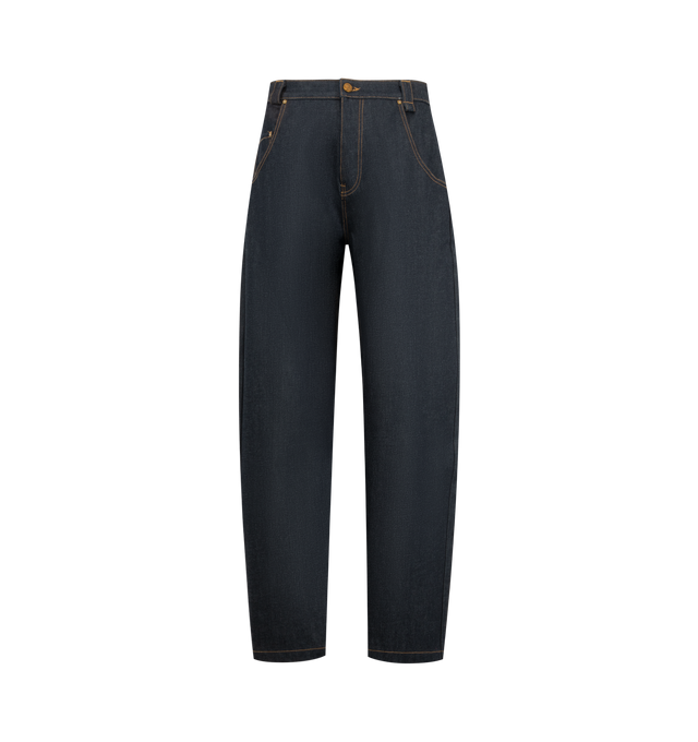 Image 1 of 3 - NAVY - The Bad Boy Jean is cut in a baggy, oversized silhouette with a low waist and dropped crotch. Designed with an extra-long, wide leg that creates a stacked, exaggerated shape, it delivers a bold, expressive proportion. Finished with a gold button fly, signature W belt loops with a key loop, and a leather WILLY patch for distinctive detail. Main Material: Cotton.