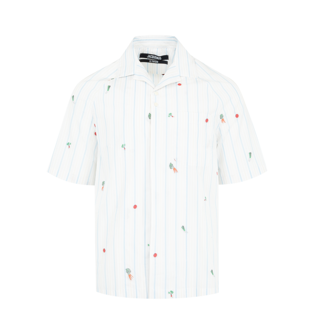 Image 1 of 2 - WHITE - JACQUEMUS Romarin Short-Sleeve Shirt featuring vegetable raglan bowling shirt, relaxed fit, vegetable motif striped cotton jacquard, camp collar, raglan sleeves, boxy elbow-length sleeves, patch chest pocket, "J" loop on the back, pleated back and faux horn buttons. 100% cotton. Made in Portugal.