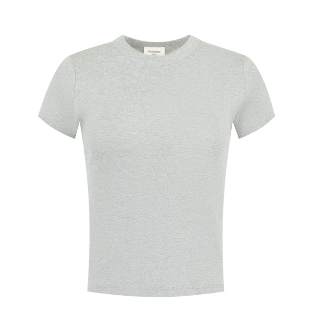 Image 1 of 2 - GREY - SAINT LAURENT Ribbed T-Shirt featuring fitted crewneck, short sleeves and a tonal logo patch at the chest. 100% cotton. Made in France.