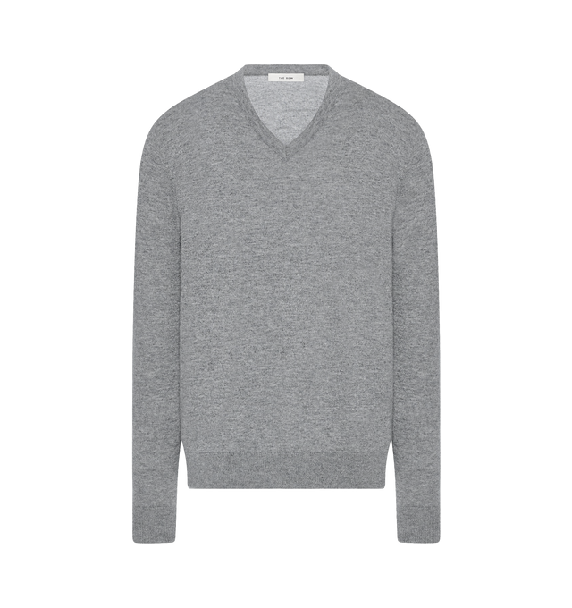 Image 1 of 2 - GREY - THE ROW Nian Sweater featuring long-sleeved v-neck sweater in fine Scottish cashmere with boxy fit, seamless construction, and ribbed neckline, cuffs, and hem. 100% cashmere. Made in Italy.