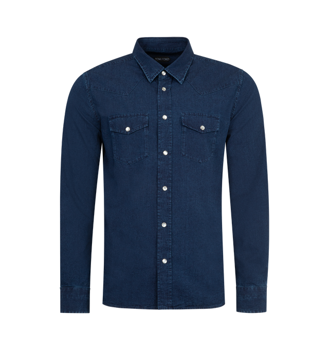 Image 1 of 2 - BLUE - TOM FORD Western Denim Shirt featuring western style, classic collar, front press-stud fastening, long sleeves, press-stud fastening cuffs, two chest flap pockets and curved hem. 99% cotton, 1% spandex/elastane.
