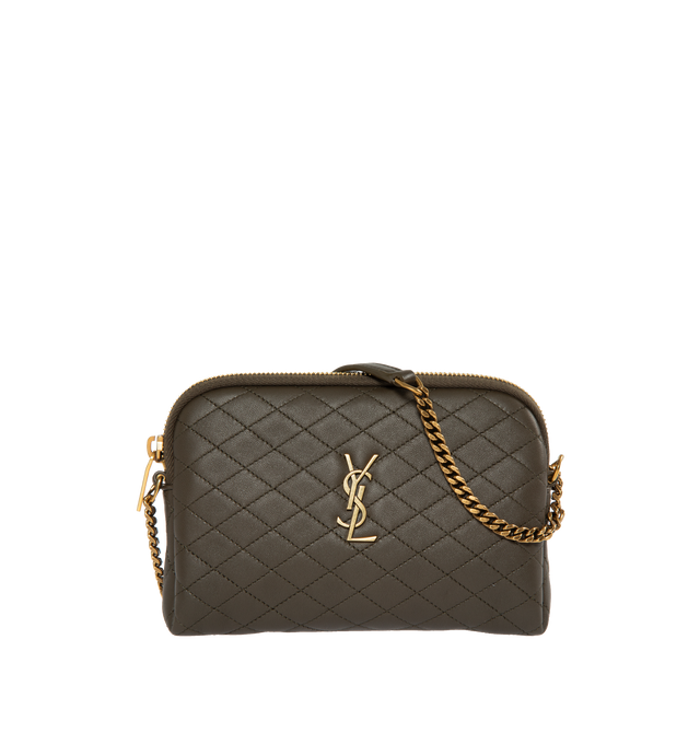 Image 1 of 3 - BROWN - SAINT LAURENT Gaby Zipped Pouch in quilted lambskin featuring the cassandre and carre-quilted overstitching. 7 X 5.1 X 1.1 inches. Strap drop: 64cm. 80% lambskin, 20% brass. Made in Italy. 