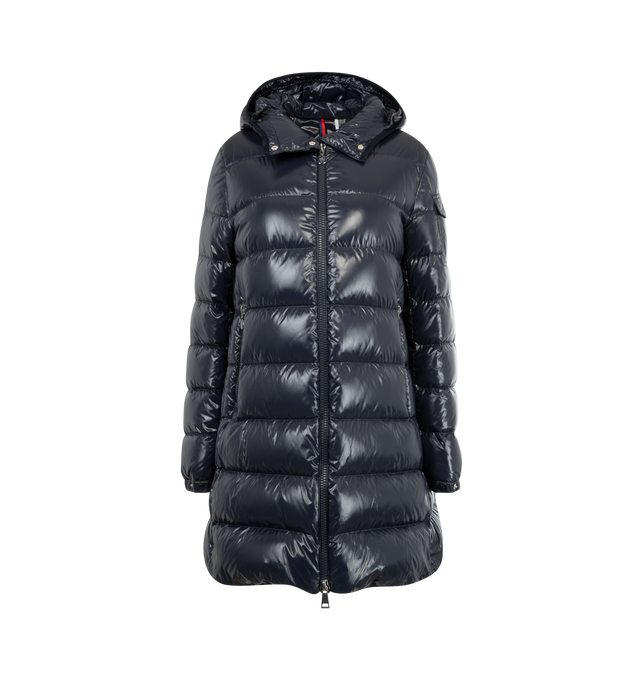 Image 1 of 3 - BLUE - MONCLER Courcelles Hooded Mid-Length Down Jacket featuring nylon laqu lining, down-filled, hood, zipper closure, zipped pockets, sleeve pocket with snap button closure, waist and hem with drawstring-fastening and adjustable cuffs. 100% polyamide/nylon. Padding: 90% down, 10% feather.