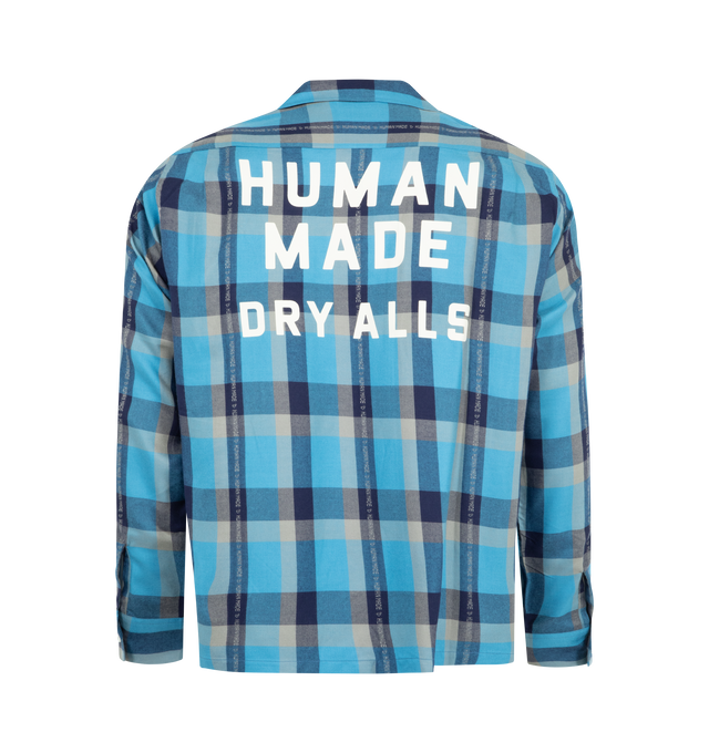 Image 2 of 2 - BLUE - HUMAN MADE Open Collar Check Shirt featuring box-silhouette, open collar, long sleeves, check pattern, jacquard brand logo, heart logo patch on the left chest, two chest pockets and logo print on back. 100% rayon. Made in Japan.