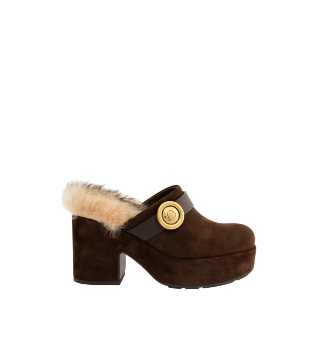 Image 1 of 4 - BROWN - MONCLER Amalia Mule featuring block heel clog, suede upper, leather strap with gold detail and fur insole.