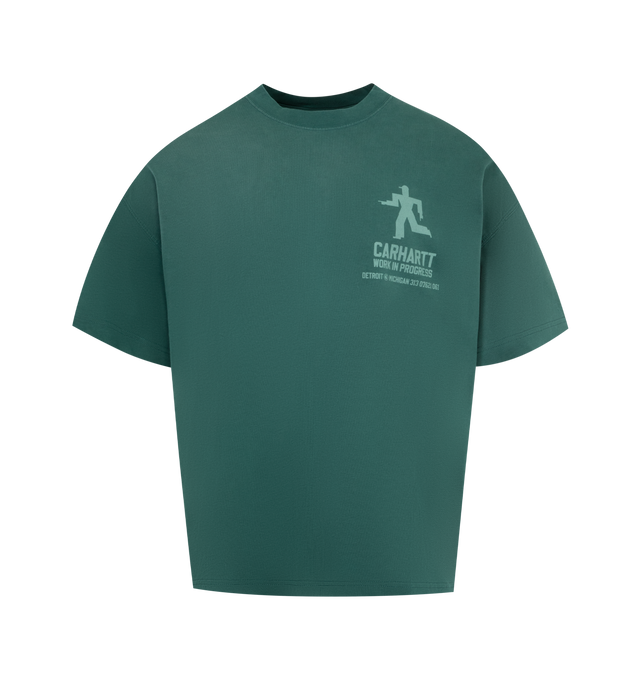 Image 1 of 2 - GREEN - CARHARTT Distance Short Sleeve Graphic T-Shirt featuring midweight organic-cotton jersey, crewneck, short sleeves and graphic on front and back. 100% organic cotton.