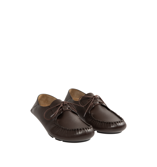 Image 2 of 4 - BROWN - Loewe Boat shoe in soft calfskin made in a classic moccasin construction, featuring a round toe shape, waxed laces and hand-stitched details around the upper. Square lace closure, embossed Anagram on the upper, padded leather insole, suede lining, injected rubber outsole with Anagram cut-out detail. Made in Italy.