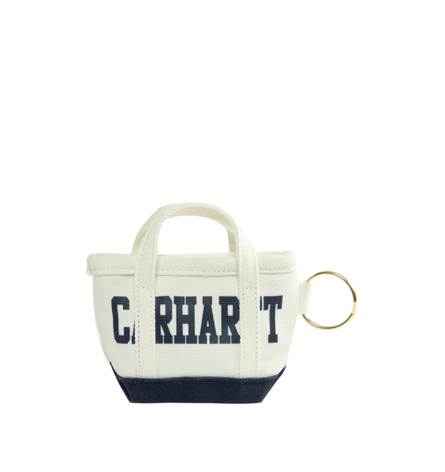 Image 2 of 2 - WHITE - CARHARTT WIP Mini Tote Bag Keychain featuring a heavy cotton canvas, closed with a zipper and equipped with a metal key ring. 100% cotton.