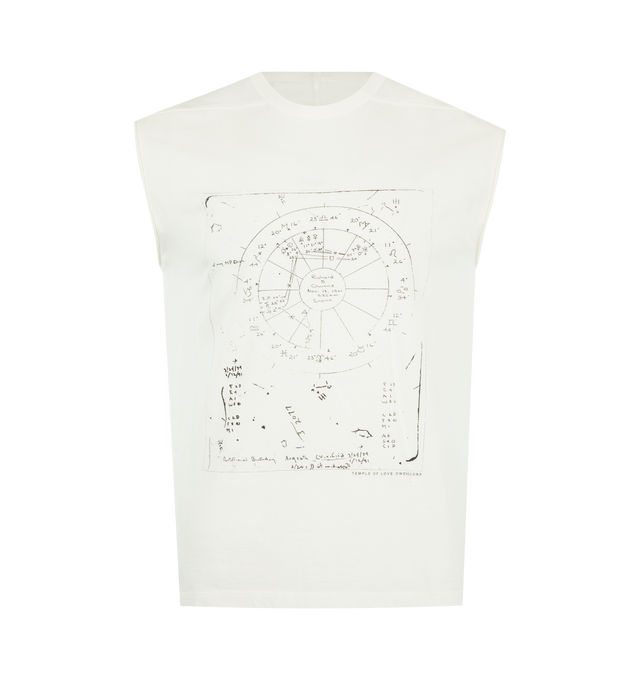 Image 1 of 3 - WHITE - RICK OWENS SL Brad T featuring relaxed fit, crew neck, sleeveless, graphic print at front and rolled raw hem at armholes. 100% cotton. Made in Italy