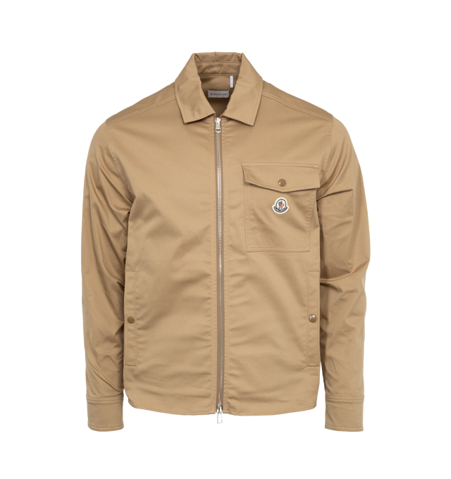 Image 1 of 4 - BROWN - MONCLER Zip Up Work Shirt featuring long sleeves, zip up front closure, collar, snap closure side pockets, snap closure chest flap pocket and logo.  
