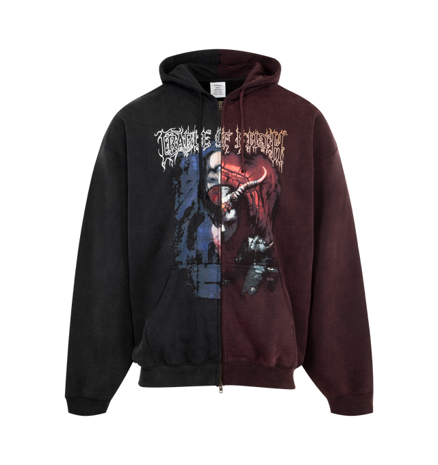 Image 1 of 2 - BLACK - VETEMENTS Cradle of Filth Cut-Up Oversized Zip-Up Hoodie featuring cotton French terry , embroidered logo and drawstring at hood, two-way zip closure, text and graphic printed at front and back, patch pockets at waist, rib-knit hem and cuffs and dropped shoulders. 100% cotton. Made in Portugal.