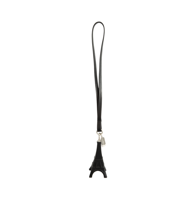 Image 1 of 2 - BLACK - Maison Margiela Eiffel Tower Keyring is crafted from calf leather and features a three-dimensional Eiffel Tower charm in matte black leather, suspended from a silver-tone chain link with a leather cord. Made in Italy.